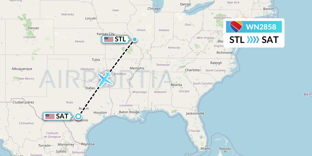 WN2858 Southwest Airlines Flight Map: St. Louis to San Antonio
