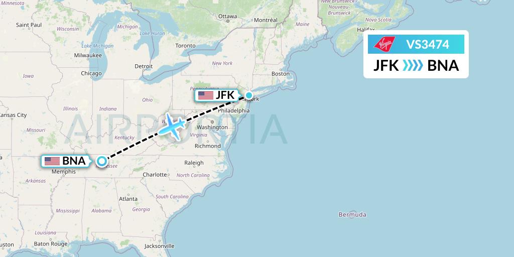 VS3474 Virgin Atlantic Airways Flight Map: New York to Nashville