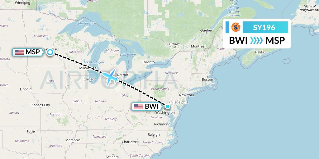 SY196 Sun Country Airlines Flight Map: Baltimore to Minneapolis