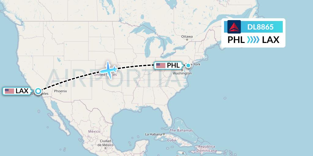 DL8865 Delta Air Lines Flight Map: Philadelphia to Los Angeles