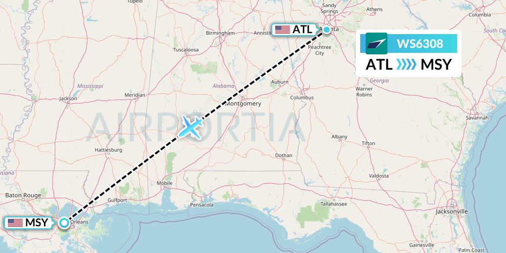 WS6308 WestJet Flight Map: Atlanta to New Orleans
