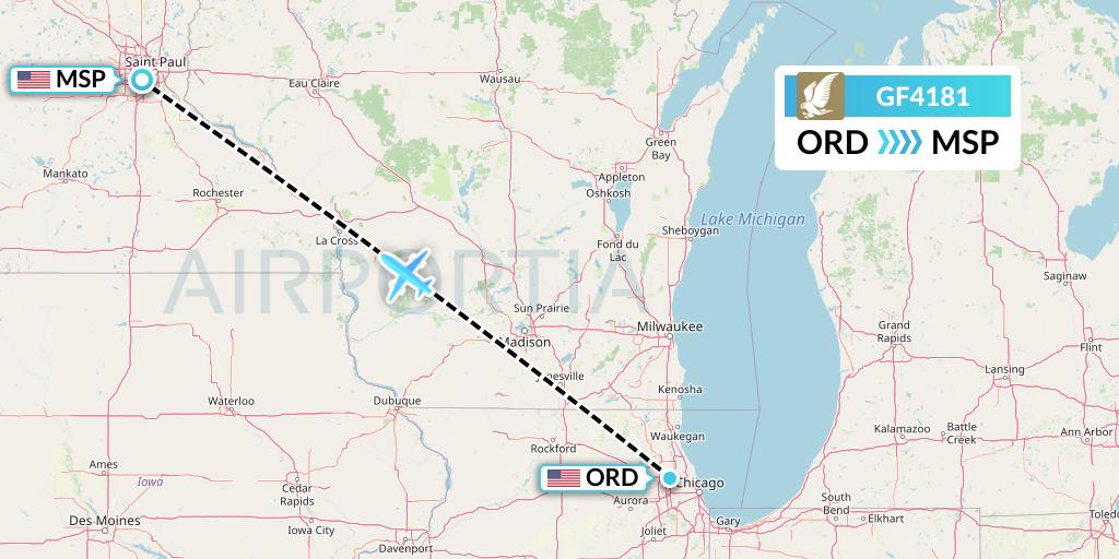 GF4181 Gulf Air Flight Map: Chicago to Minneapolis