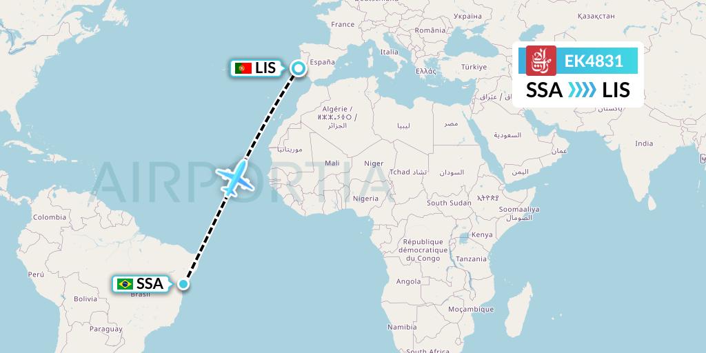 EK4831 Emirates Flight Map: Salvador to Lisbon