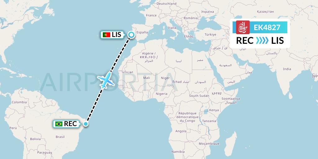 EK4827 Emirates Flight Map: Recife to Lisbon