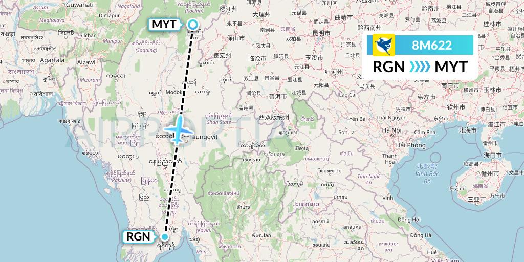 8M622 Myanmar Airways International Flight Map: Yangon to Myitkyina