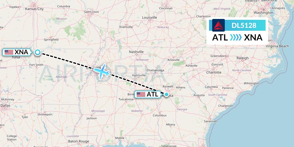 DL5128 Delta Air Lines Flight Map: Atlanta to Bentonville