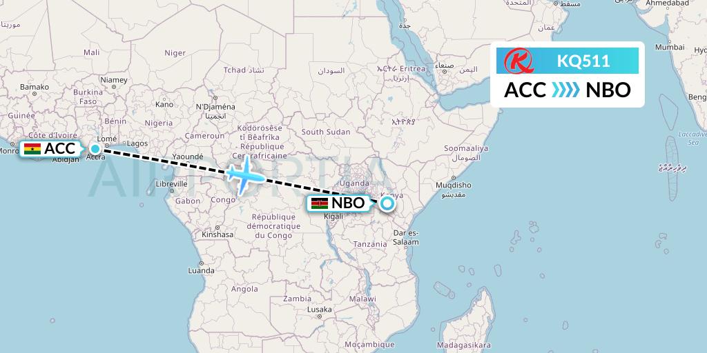 KQ511 Kenya Airways Flight Map: Accra to Nairobi