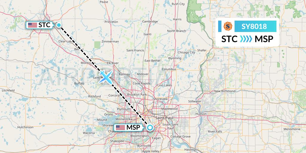SY8018 Sun Country Airlines Flight Map: St Cloud to Minneapolis
