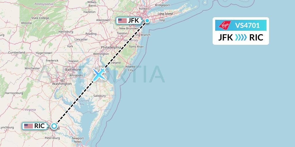 VS4701 Virgin Atlantic Airways Flight Map: New York to Richmond