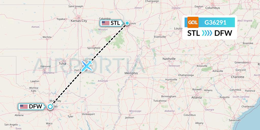 G36291 GOL Transportes Aeros Flight Map: St. Louis to Dallas