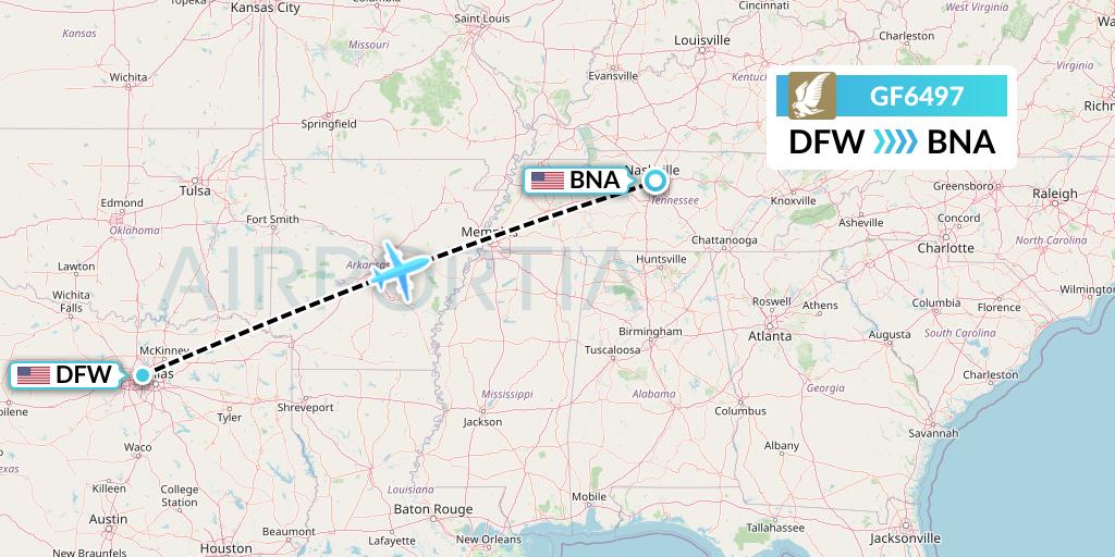 GF6497 Gulf Air Flight Map: Dallas to Nashville