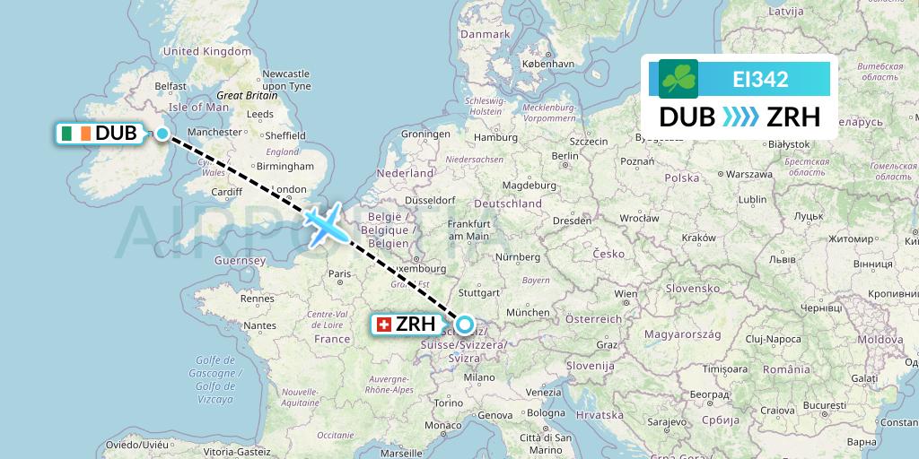EI342 Aer Lingus Flight Map: Dublin to Zurich
