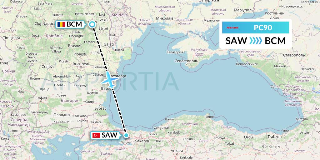 PC90 Pegasus Airlines Flight Map: Istanbul to Bacau