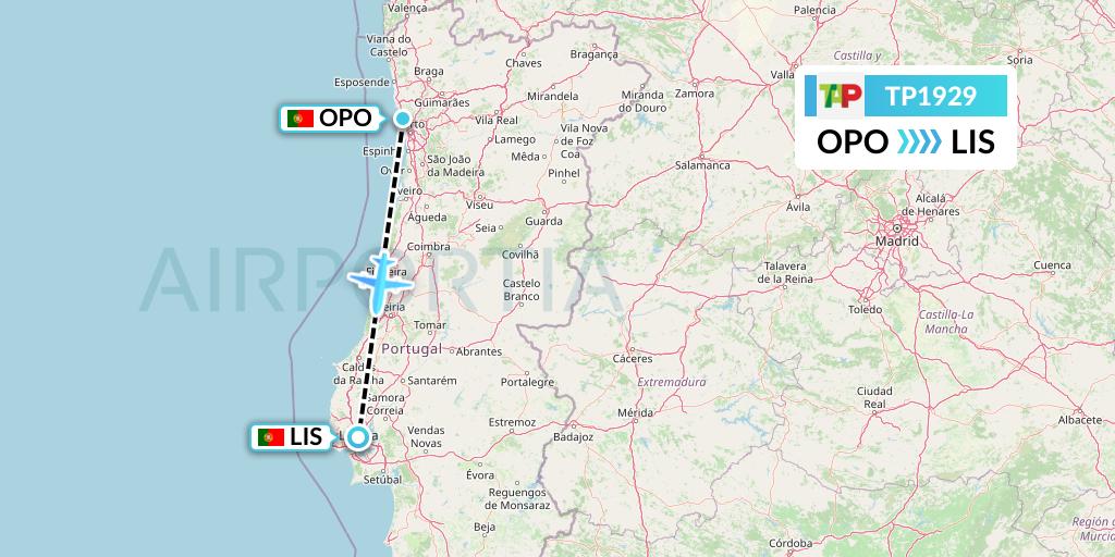 TP1929 TAP Portugal Flight Map: Porto to Lisbon