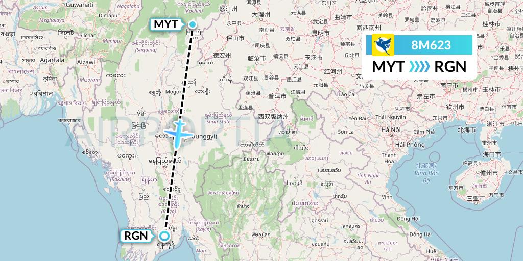 8M623 Myanmar Airways International Flight Map: Myitkyina to Yangon