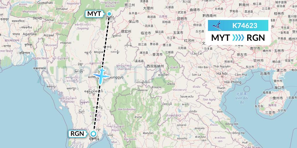 K74623 Air KBZ Flight Map: Myitkyina to Yangon