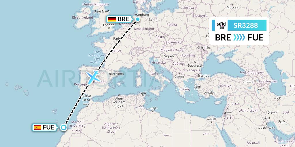 SR3288 SundAir Flight Map: Bremen to Fuerteventura