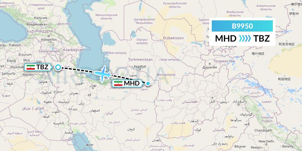 B9950 Iran Air Tours Flight Map: Mashhad to Tabriz
