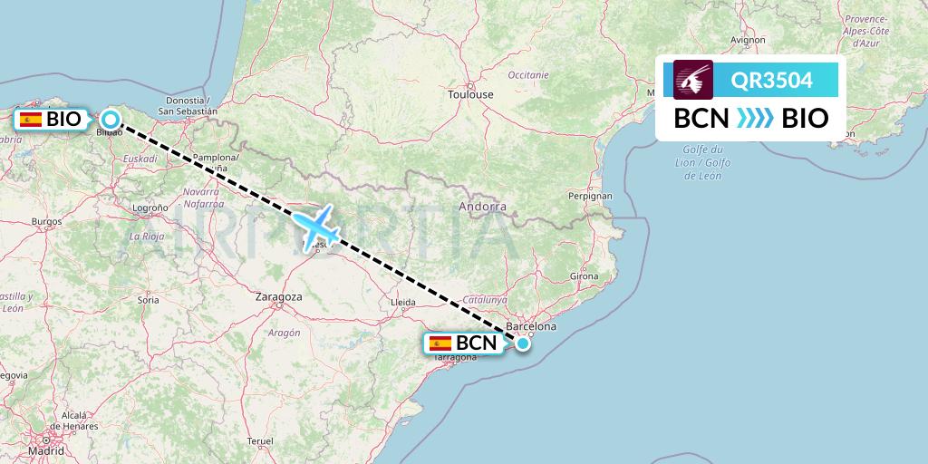 QR3504 Qatar Airways Flight Map: Barcelona to Bilbao