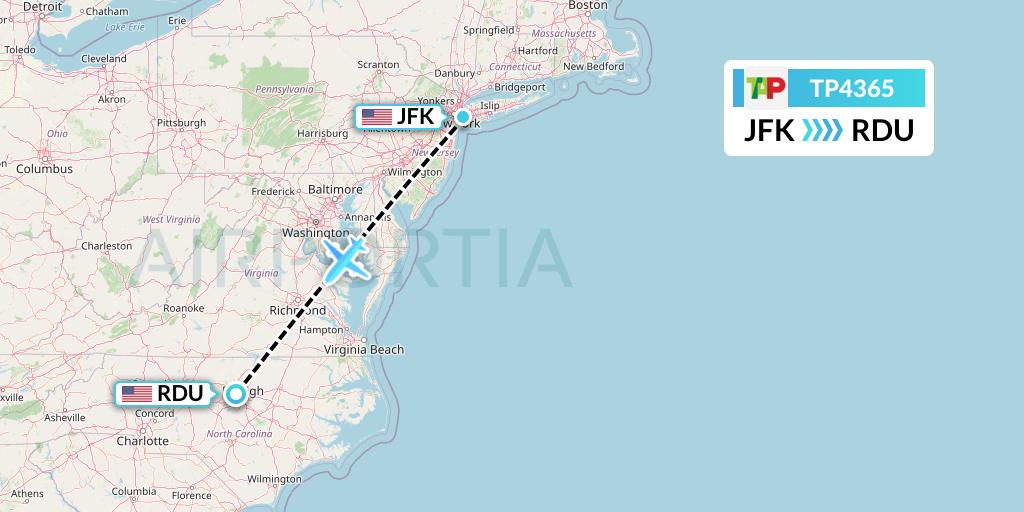 TP4365 TAP Portugal Flight Map: New York to Raleigh-Durham