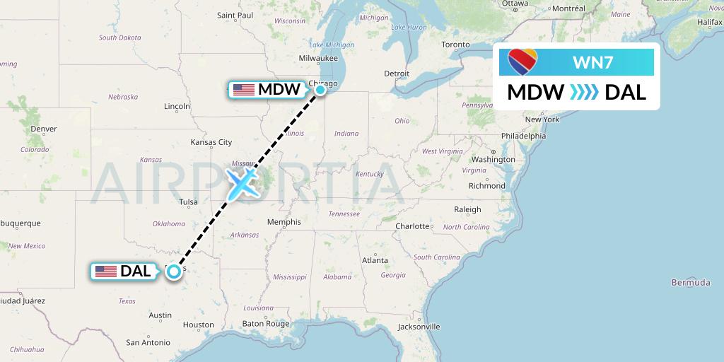 WN7 Southwest Airlines Flight Map: Chicago to Dallas