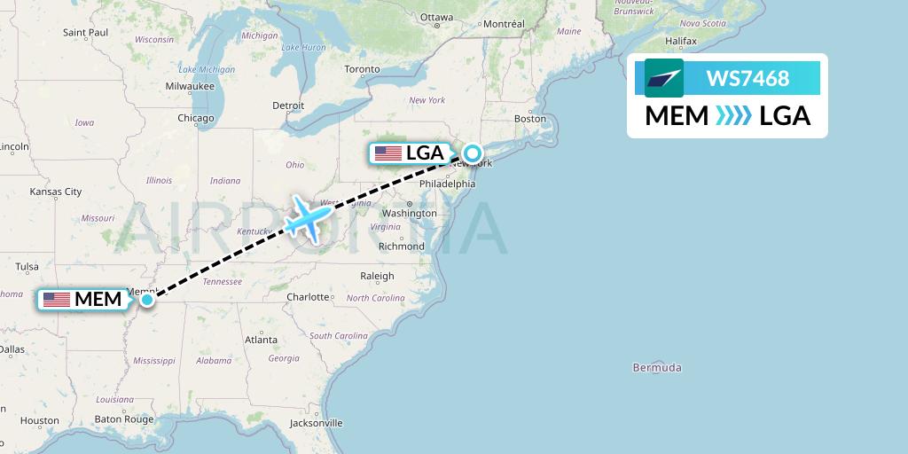 WS7468 WestJet Flight Map: Memphis to New York
