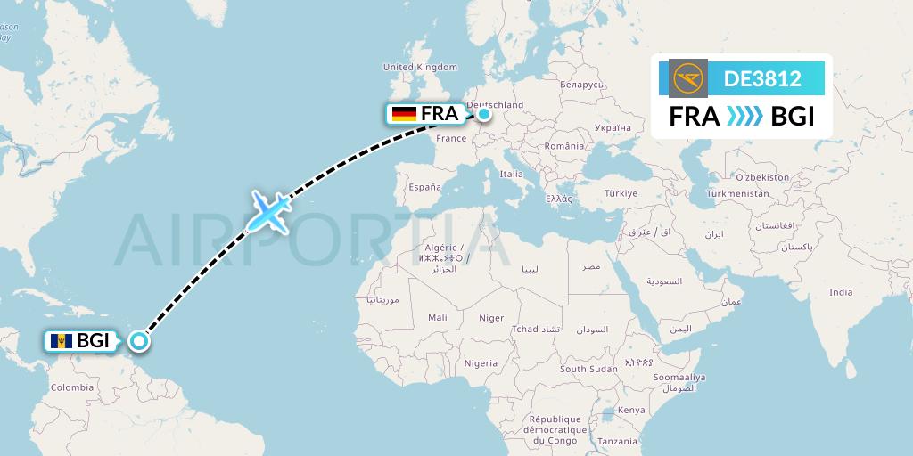 DE3812 Condor Flight Map: Frankfurt to Bridgetown