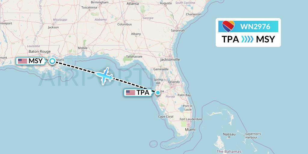 WN2976 Southwest Airlines Flight Map: Tampa to New Orleans
