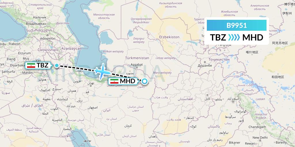 B9951 Iran Air Tours Flight Map: Tabriz to Mashhad