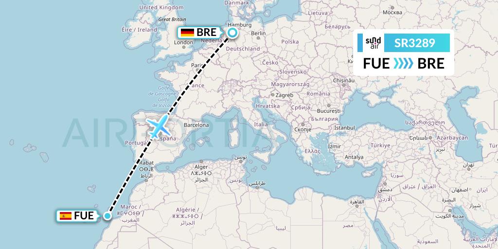 SR3289 SundAir Flight Map: Fuerteventura to Bremen