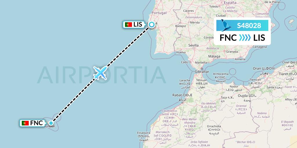 S48028 Azores Airlines Flight Map: Funchal to Lisbon