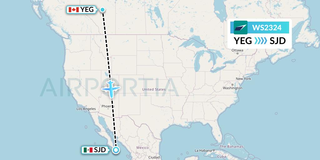 WS2324 WestJet Flight Map: Edmonton to San Jose del Cabo