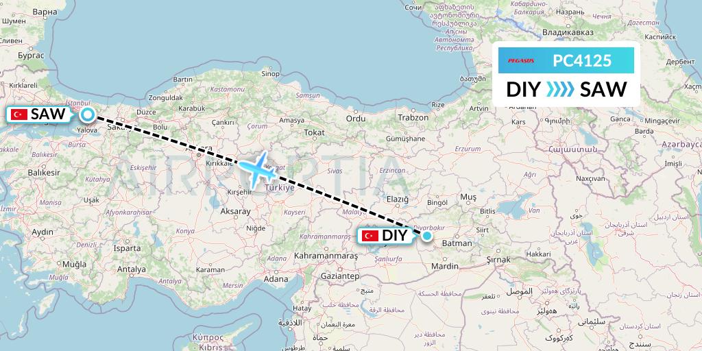 PC4125 Pegasus Airlines Flight Map: Diyarbakir to Istanbul