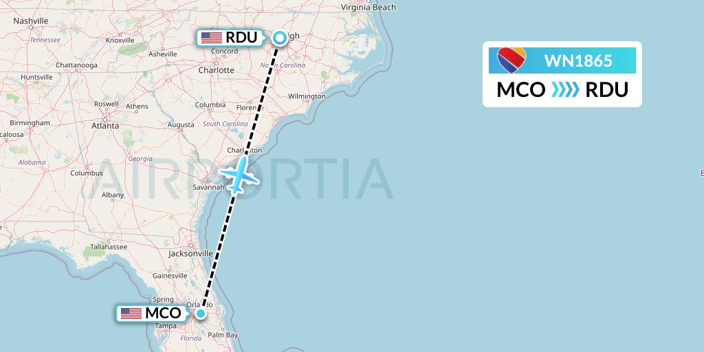 WN1865 Southwest Airlines Flight Map: Orlando to Raleigh-Durham