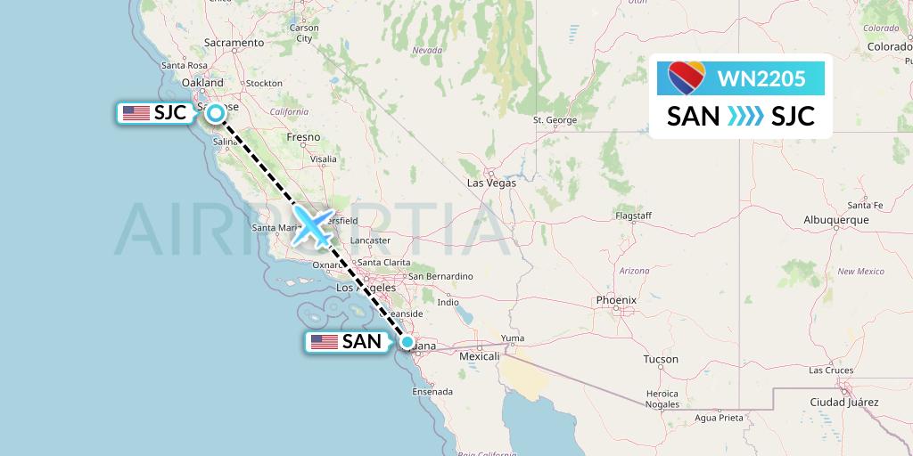 WN2205 Southwest Airlines Flight Map: San Diego to San Jose