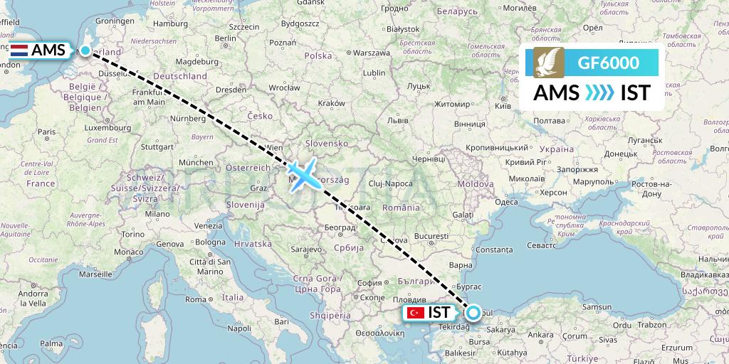 GF6000 Gulf Air Flight Map: Amsterdam to Istanbul
