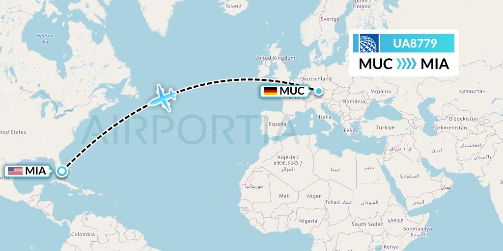 UA8779 United Airlines Flight Map: Munich to Miami