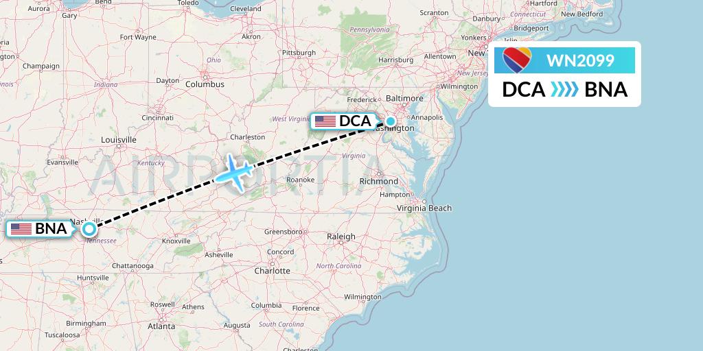 WN2099 Southwest Airlines Flight Map: Washington to Nashville