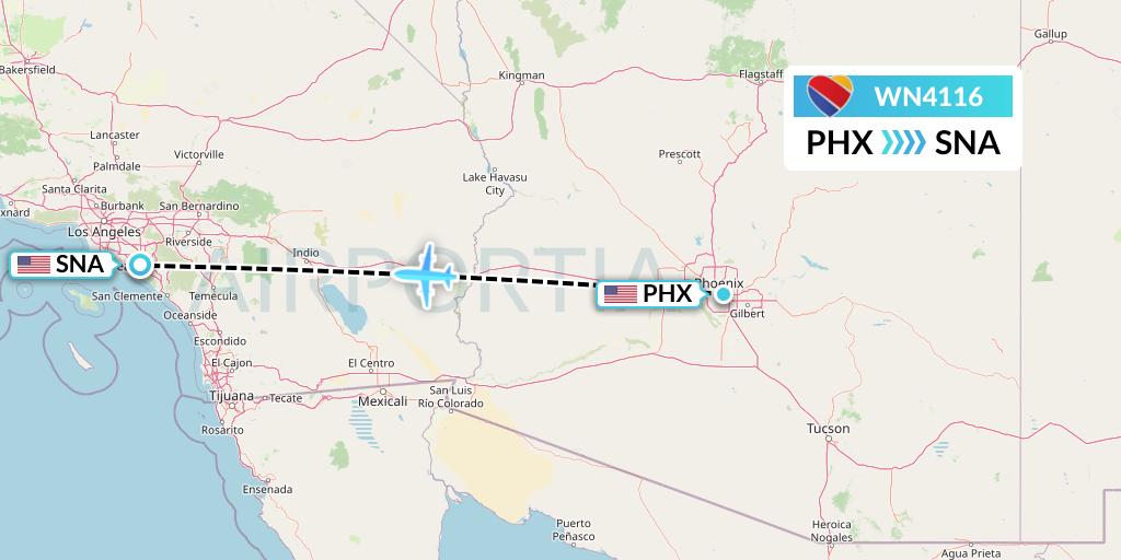 WN4116 Southwest Airlines Flight Map: Phoenix to Orange County