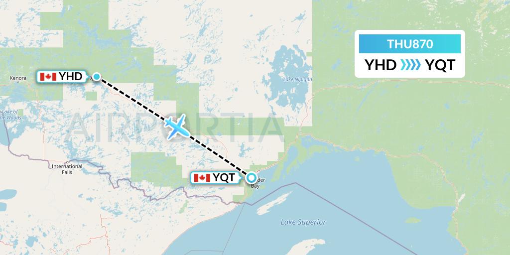 THU870 Thunder Airlines Flight Map: Dryden to Thunder Bay
