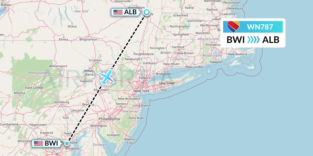 WN787 Southwest Airlines Flight Map: Baltimore to Albany