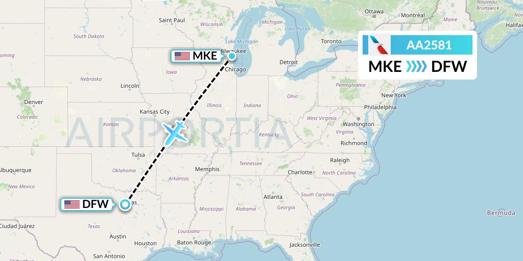 AA2581 American Airlines Flight Map: Milwaukee to Dallas