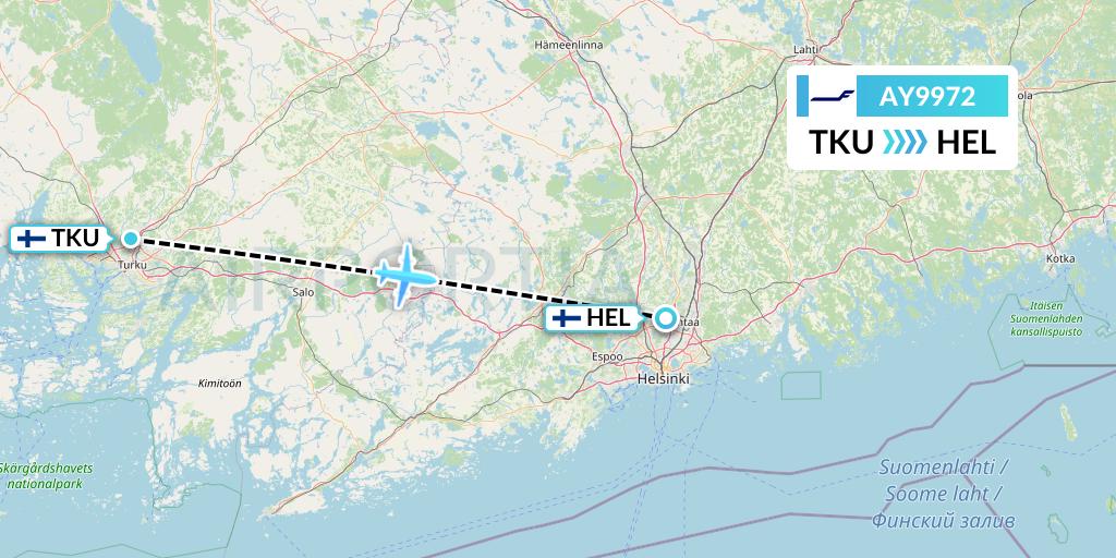 AY9972 Finnair Flight Map: Turku to Helsinki