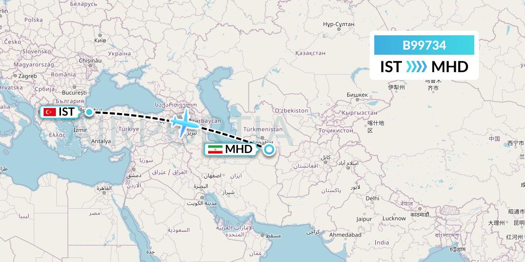 B99734 Iran Air Tours Flight Map: Istanbul to Mashhad