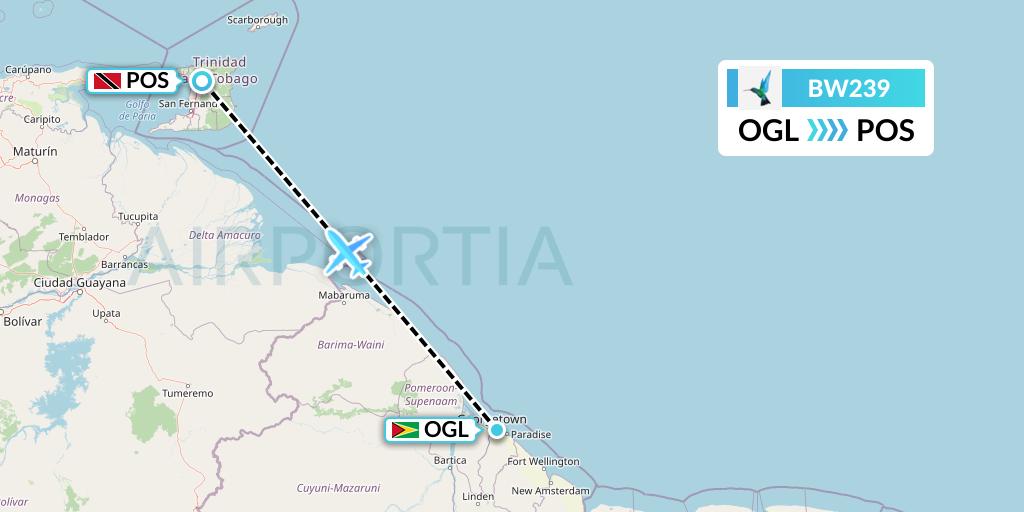 BW239 Caribbean Airlines Flight Map: Georgetown to Port of Spain