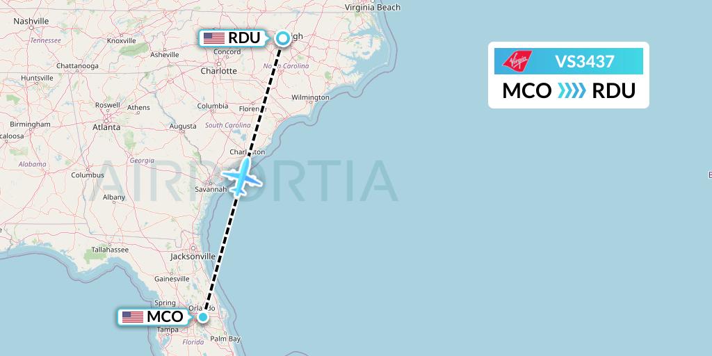VS3437 Virgin Atlantic Airways Flight Map: Orlando to Raleigh-Durham
