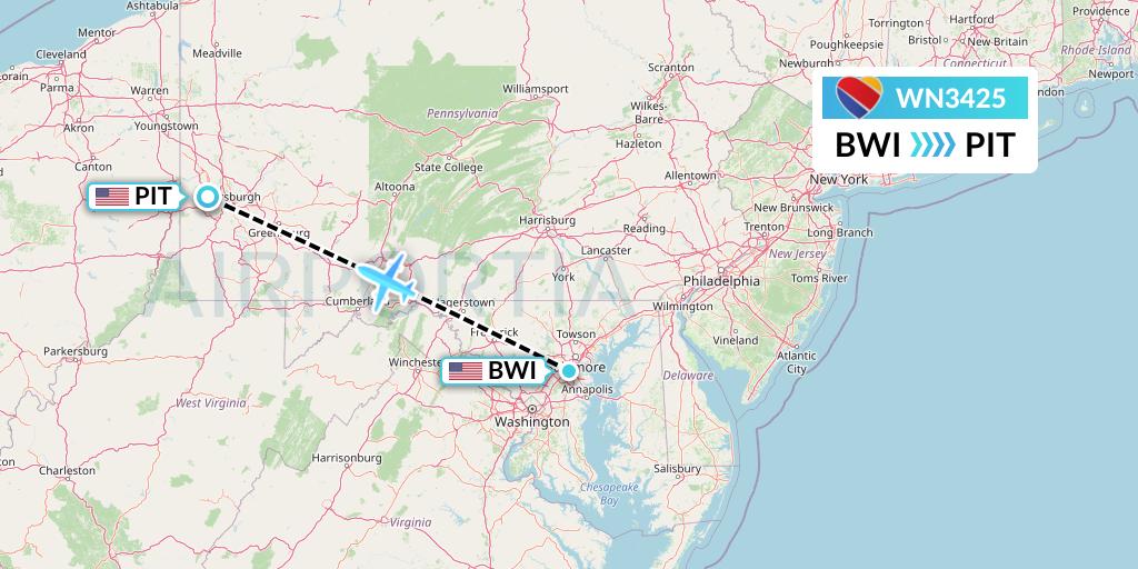 WN3425 Southwest Airlines Flight Map: Baltimore to Pittsburgh