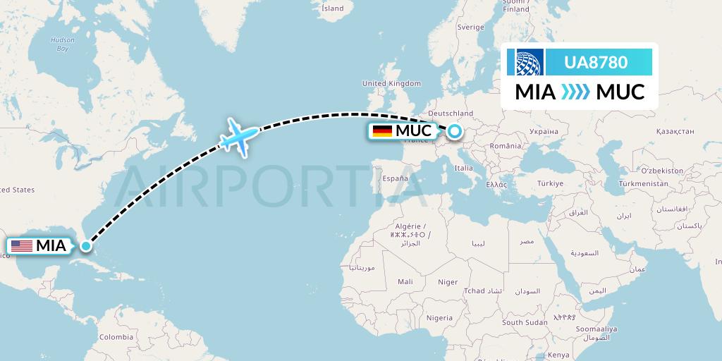 UA8780 United Airlines Flight Map: Miami to Munich