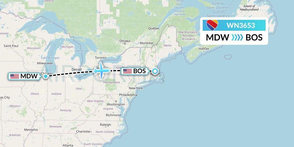 WN3653 Southwest Airlines Flight Map: Chicago to Boston