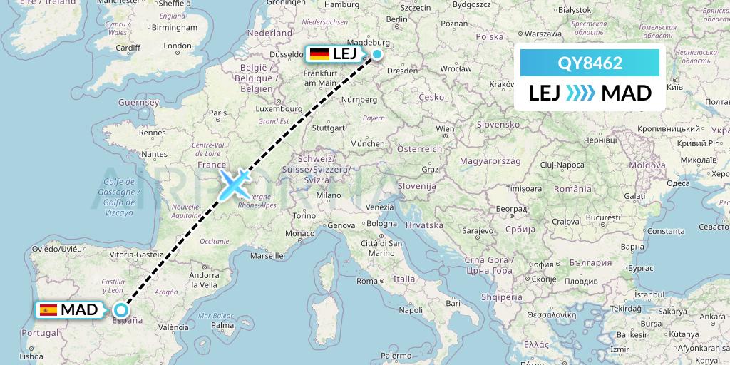 QY8462 European Air Transport Flight Map: Leipzig to Madrid